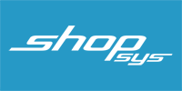 Bílé logo ShopSys na modrém podkladu
