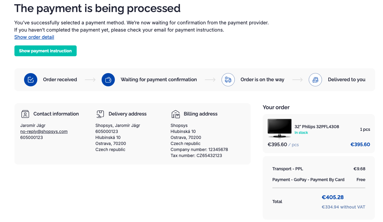 Order confirmation page with the payment being processed message