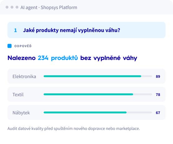 Odpověď AI agenta: 234 produktů bez vyplněné váhy podle kategorií