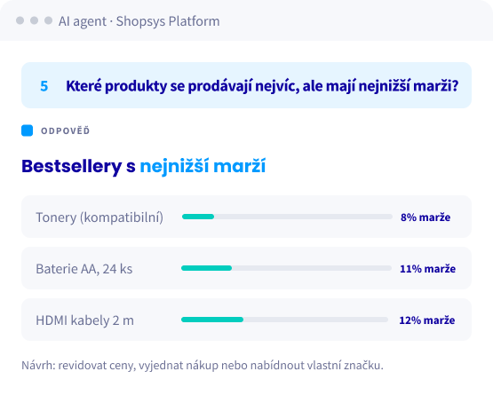Odpověď AI agenta: nejprodávanější produkty s nejnižší marží